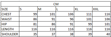 Size chart in cm