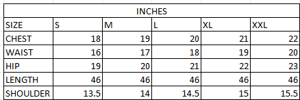 Size chart in inches