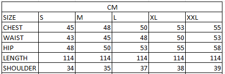 Size chart in cm