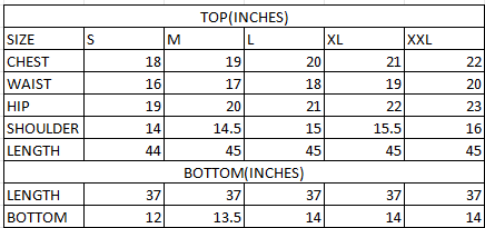 Size chart in inches