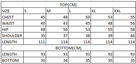 Size chart in cm