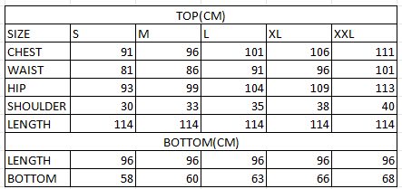 Size chart in cm