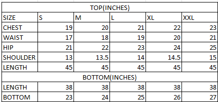 Size chart in inches