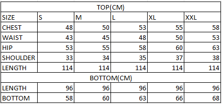 Size chart in cm