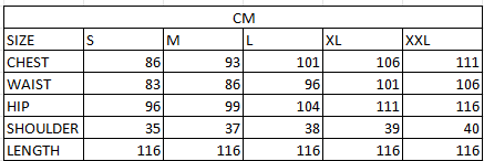 Size chart in cm