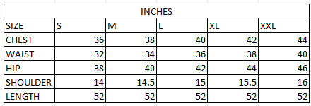 Size chart in inches