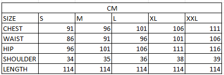 Size chart in cm