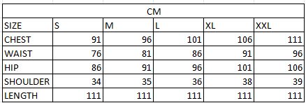 Size chart in cm