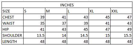 Size chart in inches