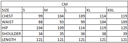 Size chart in cm
