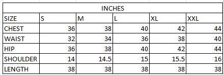 Size chart in inches