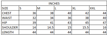 Size chart in inches