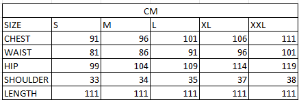 Size chart in cm