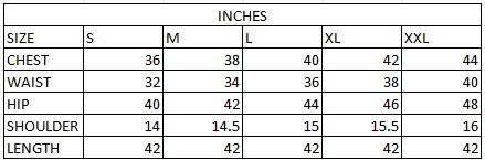 Size chart in inches