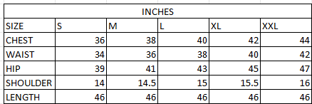 Size chart in inches