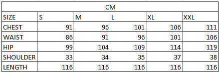 Size chart in cm