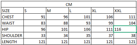 Size chart in cm