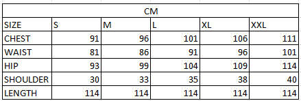 Size chart in cm