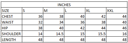 Size chart in inches