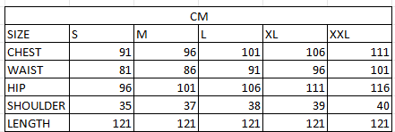 Size chart in cm