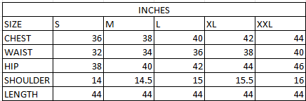 Size chart in inches