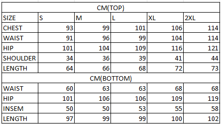 Size chart in cm