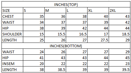 Size chart in inches