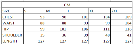 Size chart in cm