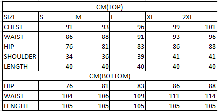 Size chart in cm