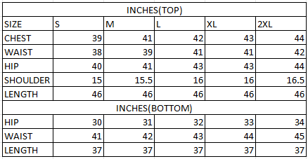 Size chart in inches