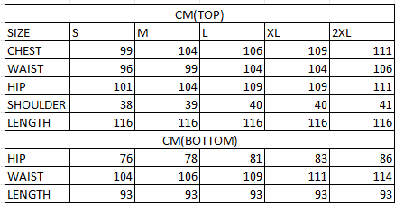 Size chart in cm