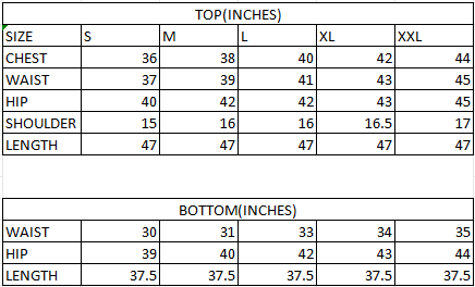 Size chart in inches
