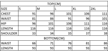 Size chart in cm