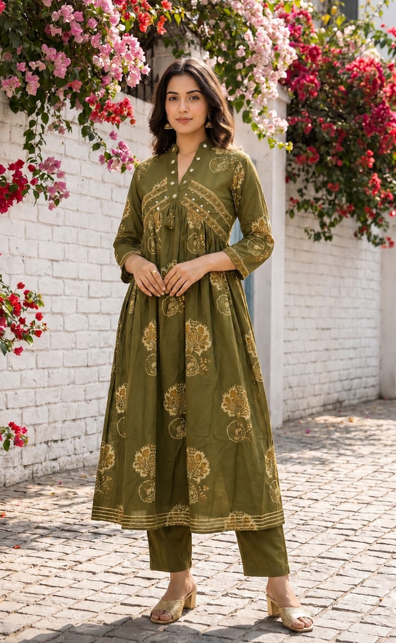 Mehndi Green Cotton All-Over Floral Print Kurti Set