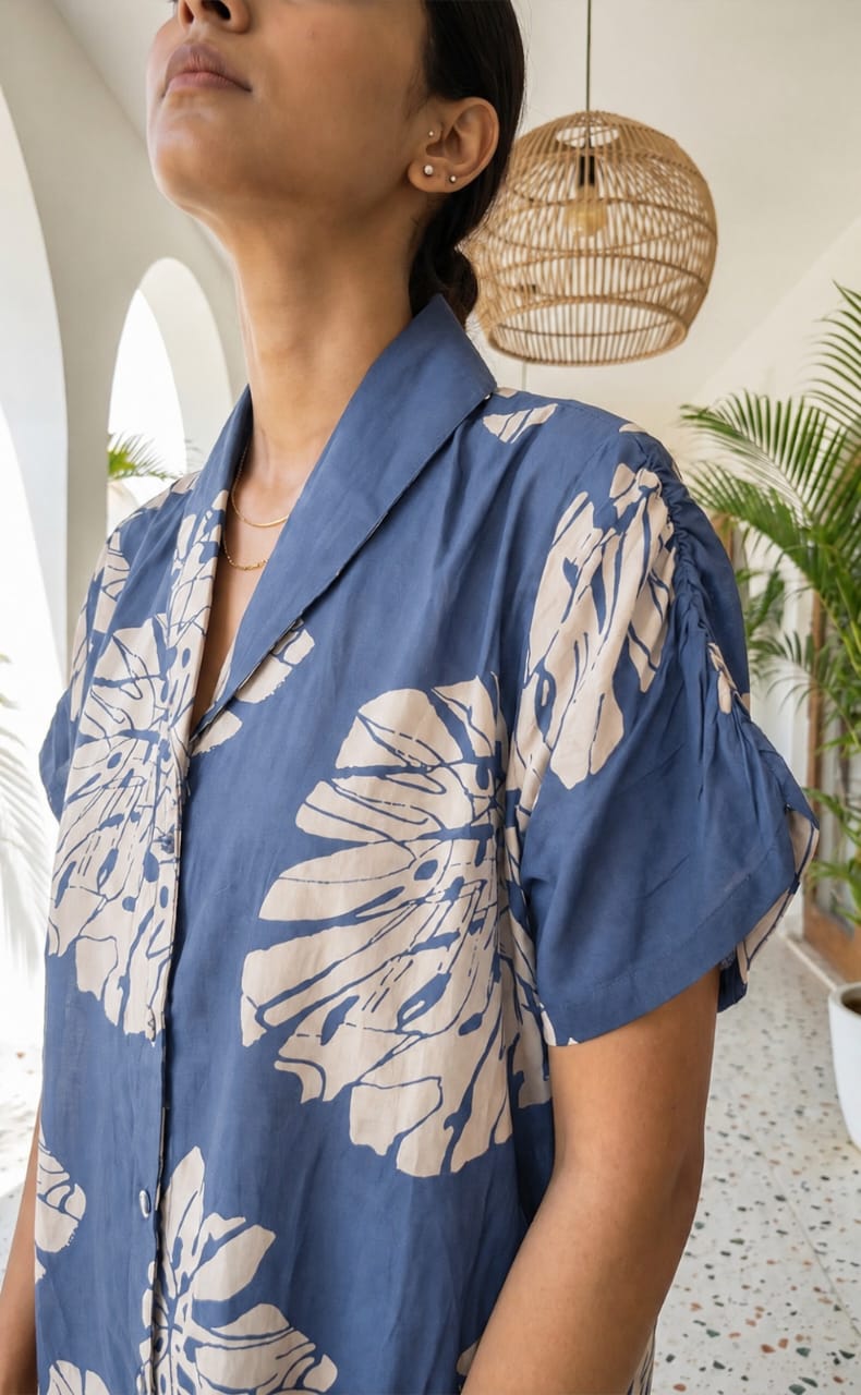 Indigo Blue Maslin Silk All-over Printed Flair Kurti