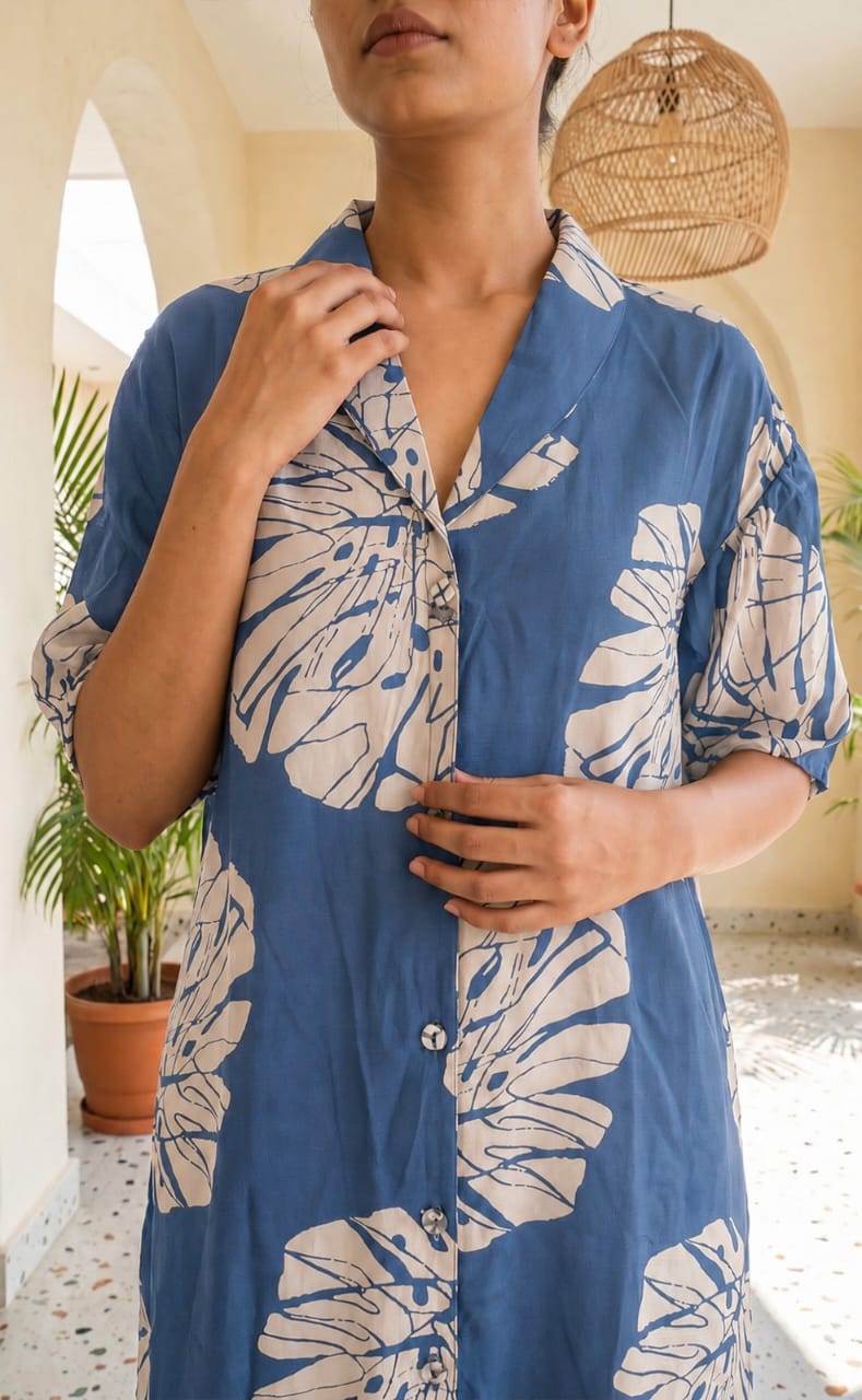 Indigo Blue Maslin Silk All-over Printed Flair Kurti