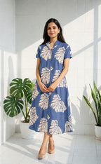Indigo Blue Maslin Silk All-over Printed Flair Kurti