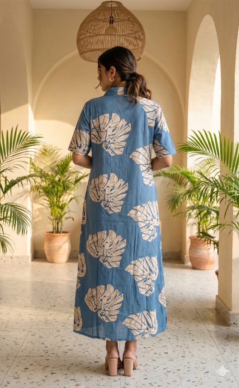 Indigo Blue Maslin Silk All-over Printed Flair Kurti
