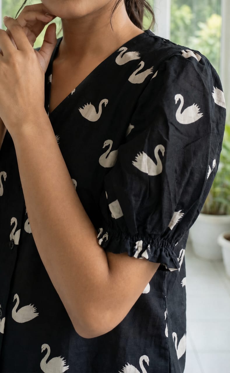 Black Cotton Swan Print and Frills Flare Kurti