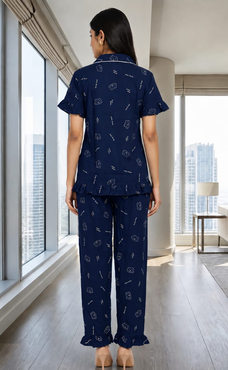 Navy Blue Teddy Bear Face Printed Night Suit