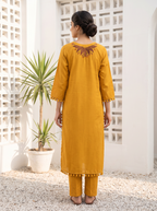 Yellow Roman Silk Kanta Work Kurti Set