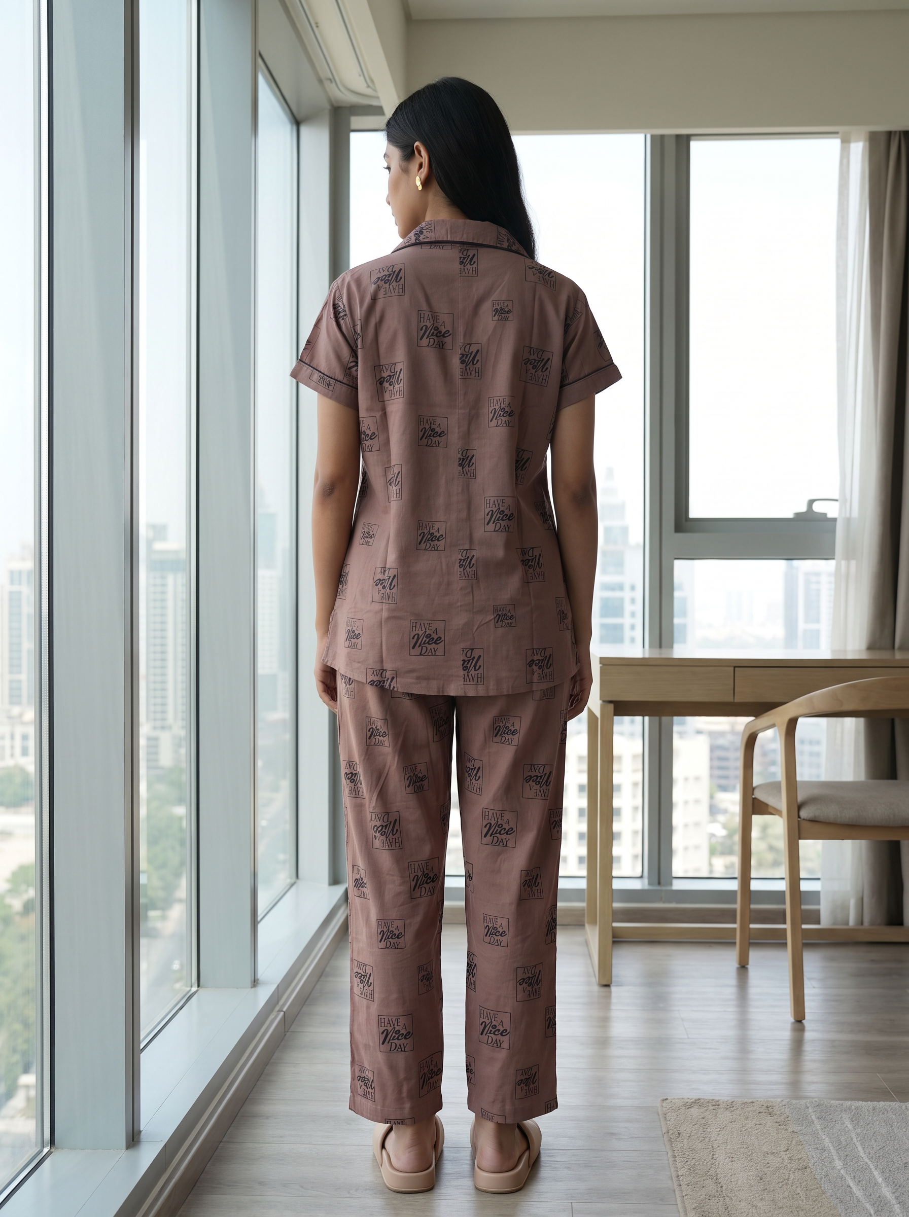 Pinkish Brown All-Over Placement Printed Night Suit
