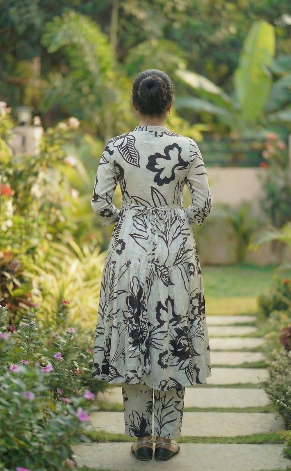 Elegant Cream & Black Botanical Print Kurti Gown