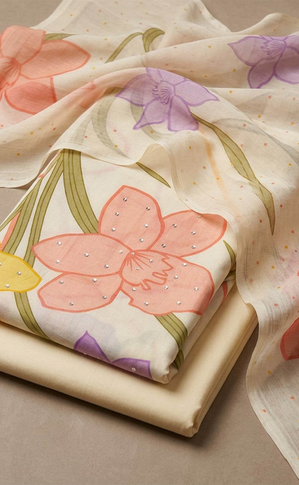 Half-White Cotton All-Over Floral Printed With Sequence Work Un-Stitched Dress Material