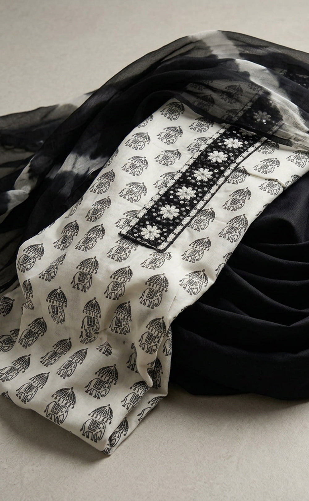 White With Black Cotton Elephant Printed Un-Stitched Dress Material