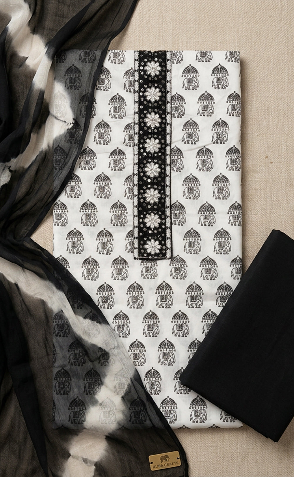 White With Black Cotton Elephant Printed Un-Stitched Dress Material
