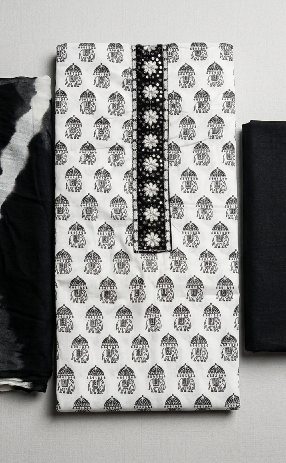 White With Black Cotton Elephant Printed Un-Stitched Dress Material