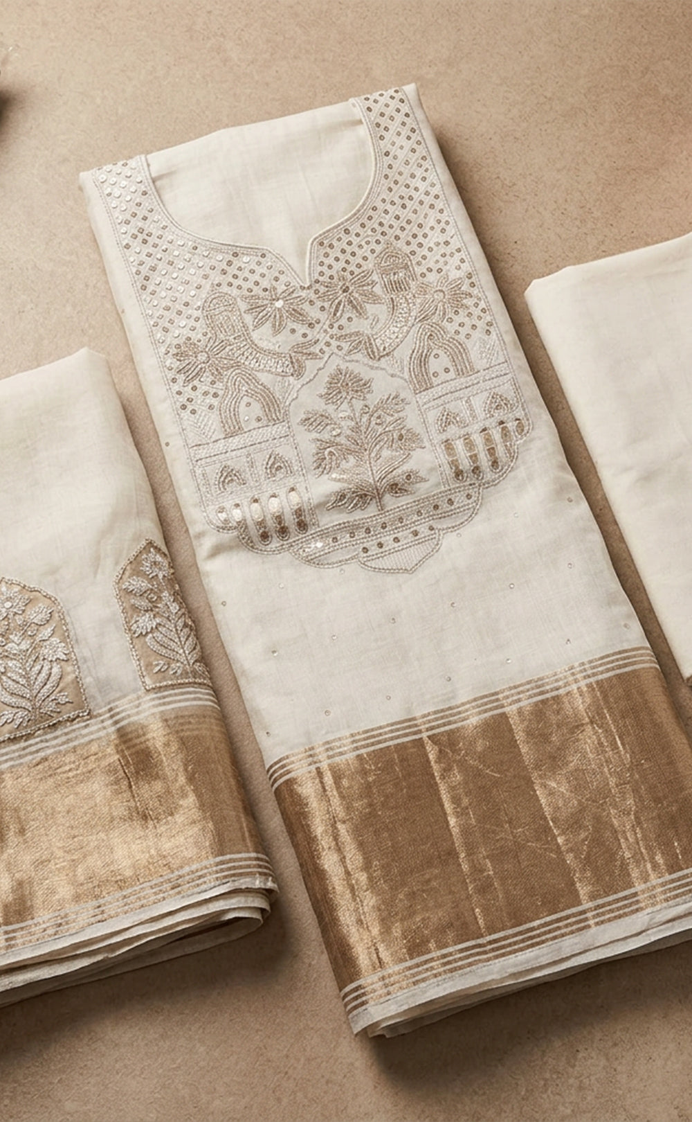Cream Fancy Thread Embroidery With sequence Work Un-Stitched Dress Material