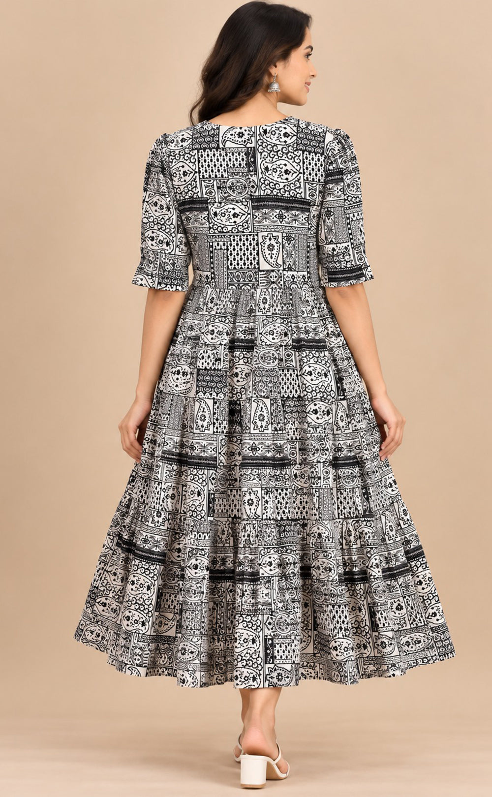 White With Black Cotton Ajrakh Printed Kurti Gown