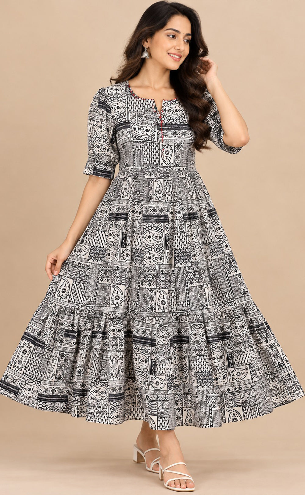 White With Black Cotton Ajrakh Printed Kurti Gown